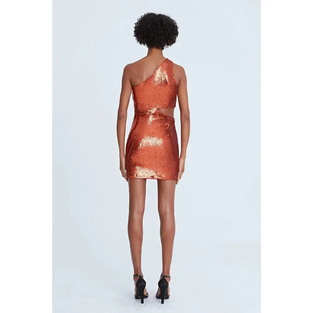 Halston Val Sequins One Shoulder Mini Dress in Orangeade Size 12 NWT‎
